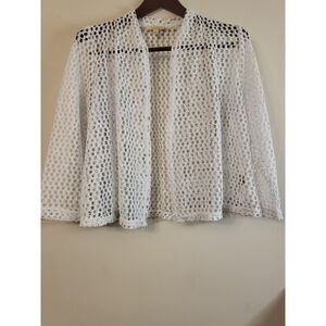 Choices White Metallic Open Mesh Short Open Cardigan Coastal Grandma Women Med.